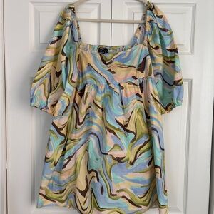 Pastel Swirl Babydoll Mini Dress in Blue, Green & Cream